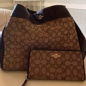 Coach Brown and Black Signature Tote Bag And Matching Wallet.